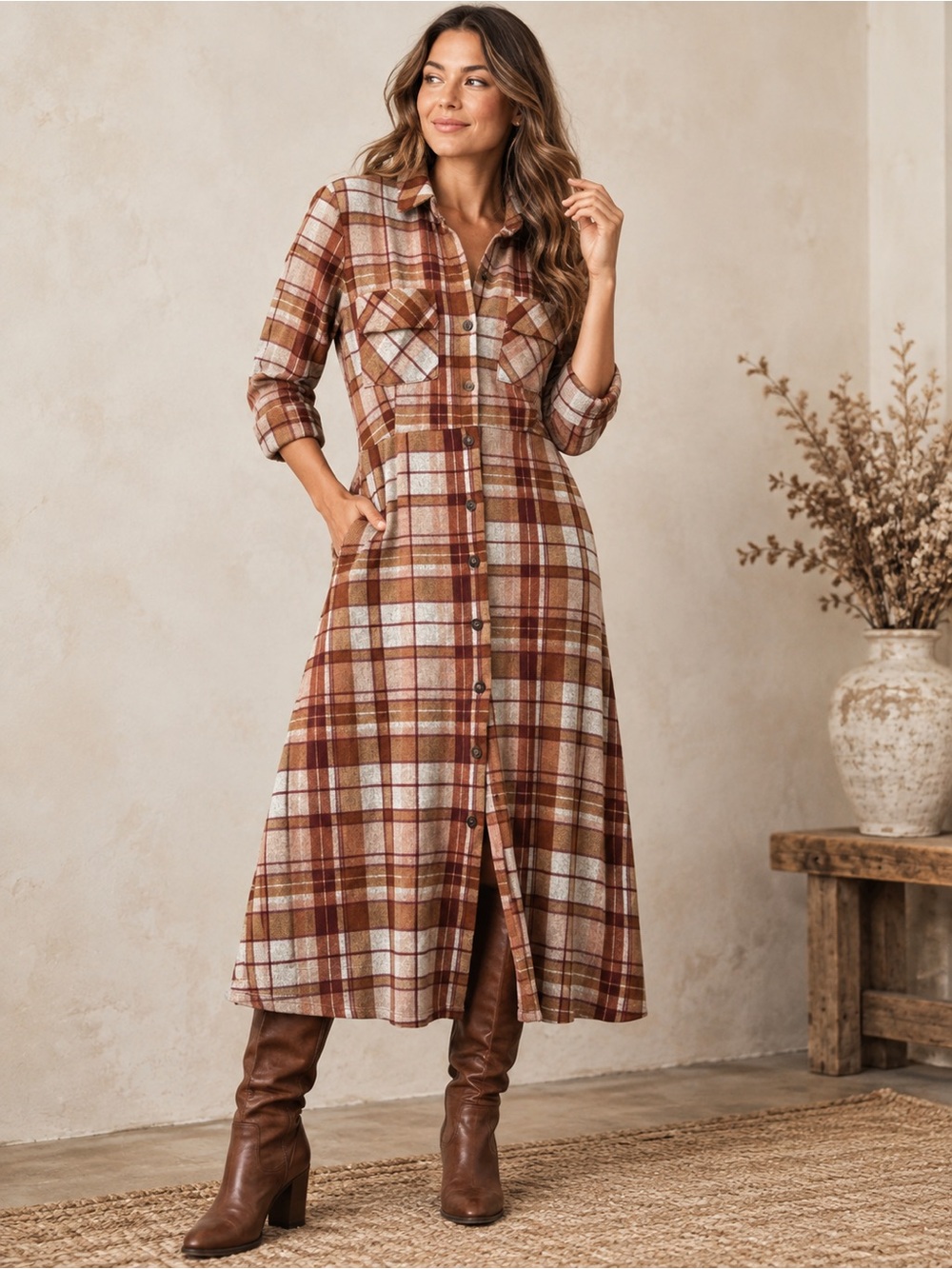 Sandra Darren Plaid Flannel Maxi Shirt Dress Brown Rust Cream SIZE Large